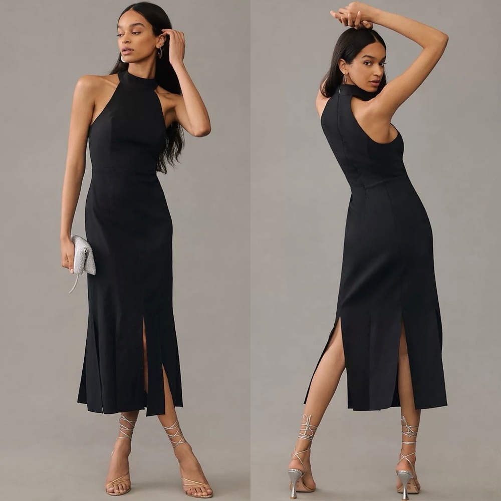 NWT Anthropologie Halter Slit Midi Dress Black